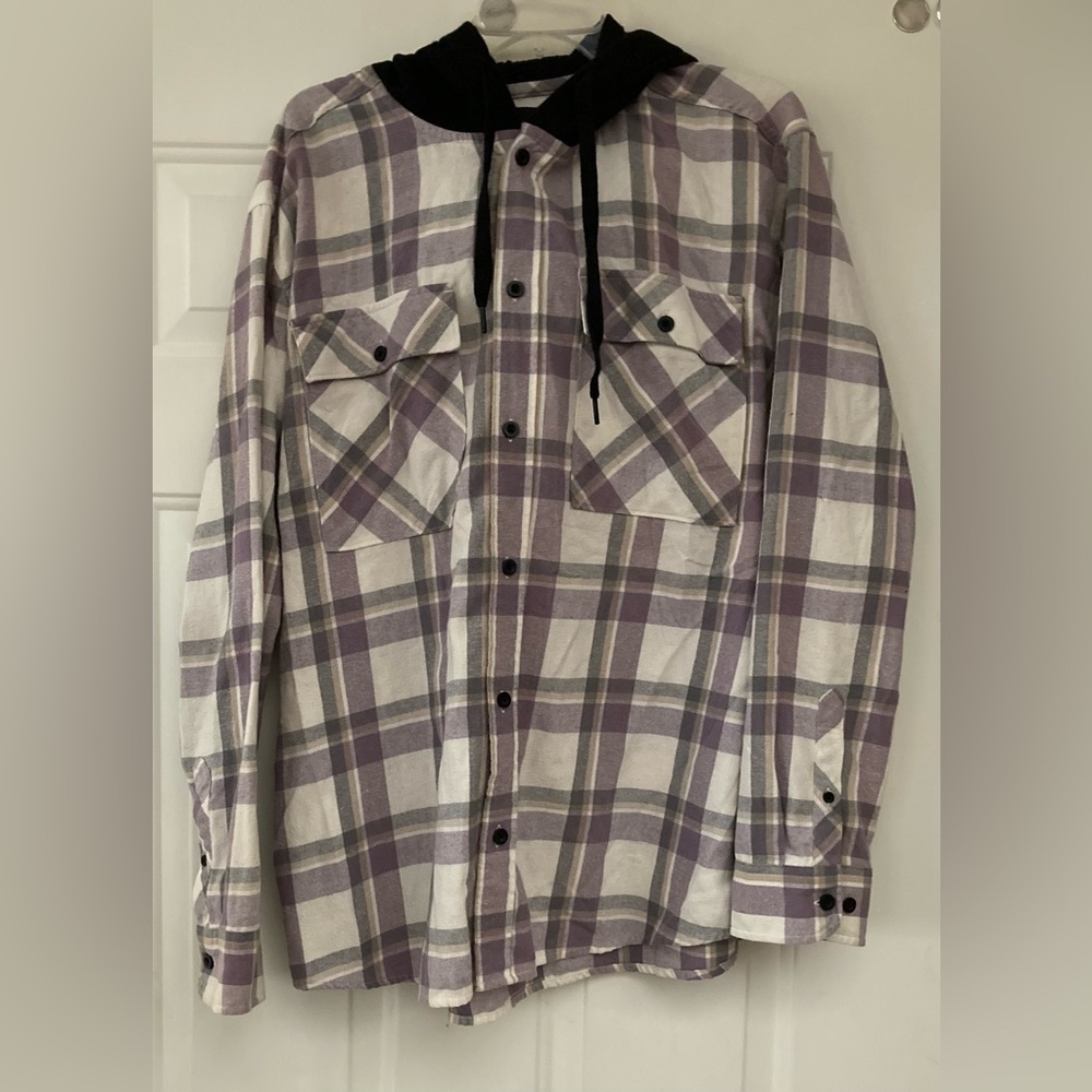 💜🤩💜No Boundaries Purple and White Plaid Button Down Hoodie with Chest Pockets